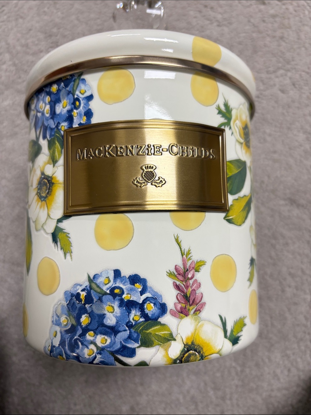 MacKenzie-Childs Yellow Polka Dot & Blue Floral Canister with Gold Label - Picture 4 of 11